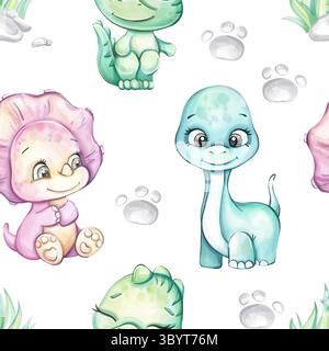 I coloratissimi personaggi dei dinosauri con motivo ad acquerello creano uno sfondo adorabile, perfetto per l'arredamento dei bambini e per i divertenti disegni di carta da parati Illustrazione Vettoriale