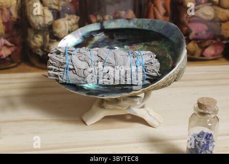 Lavanda essiccata con legno Palo Santo e guscio di Abalone per il rituale delle macchie Foto Stock