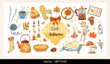 Set vettoriale Hello Autumn disegnato a mano con elementi autunnali accoglienti: Tè, candele, torta, maglieria, foglie, le vibrazioni della casa di gatto e hygge. Perfetto per gli adesivi Illustrazione Vettoriale