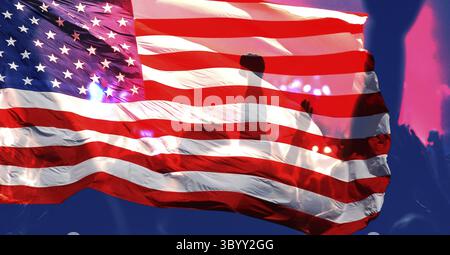Tifosi di calcio o di calcio e bandiera degli Stati Uniti ad una partita in uno stadio Foto Stock
