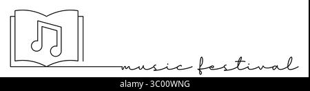 Note musicali, festival icona di una riga con didascalia. Stile di disegno a linea continua. Piè di pagina, intestazione. Illustrazione vettoriale isolata su sfondo bianco. Illustrazione Vettoriale