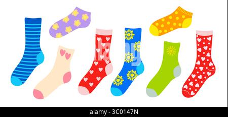 Calze calde in maglia con comodi abiti autunnali o autunnali disegnati a mano, calzature in lana o cotone con vari ornamenti, accessori alla moda per design e arredamento a tema stagionale Illustrazione Vettoriale