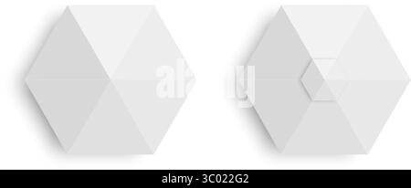 Vista dall'alto delle tende. Ombrelloni gazebo a forma esagonale. Eventi o ombrelloni sulla spiaggia. Posizionarsi in piedi con le tende d'ombra. Modelli di tettoia del mercato isolati su sfondo bianco. Illustrazione realistica vettoriale. Illustrazione Vettoriale