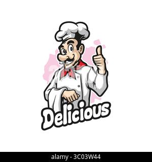 Design vettoriale con logo della mascotte chef e design moderno per la stampa di badge, emblemi e t shirt. Deliziosa illustrazione dello chef. Illustrazione Vettoriale