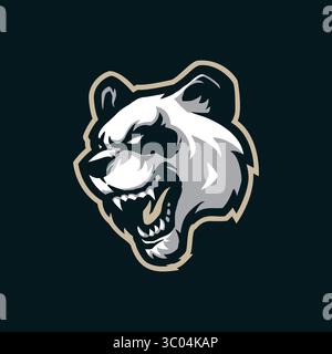 Design vettoriale con logo della mascotte Panda con design moderno per la stampa di badge, emblemi e t shirt. Illustrazione del panda della testa arrabbiato per lo sport Illustrazione Vettoriale