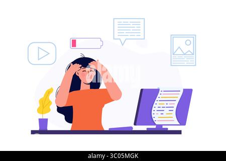 Burnout Concept, con un impiegato stanco seduto a una scrivania. Dipendente frustrato che si occupa di problemi di salute mentale. Illustrazione vettoriale in Illustrazione Vettoriale