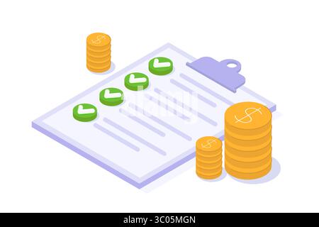 Fattura di credito approvata Isometrica, concetto di pagamento approvato. Illustrazione vettoriale. Illustrazione Vettoriale