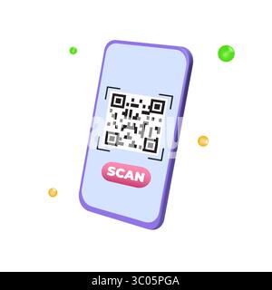 Utilizzare lo smartphone per la scansione del codice QR. Illustrazione vettoriale 3d per banner, sito Web, landing page, volantino. Illustrazione Vettoriale