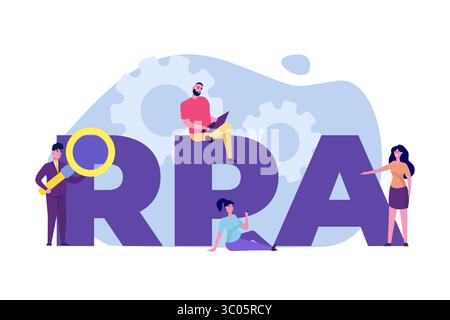 Concetto di automazione dei processi robotica. Iscrizione Micro Around People RPA. Illustrazione vettoriale. Illustrazione Vettoriale