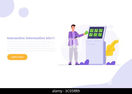 Uomo che utilizza un terminale self-service, concetto di chiosco informativo interattivo. Illustrazione di Flat Vector per banner, sito Web, landing page, volantino. Illustrazione Vettoriale