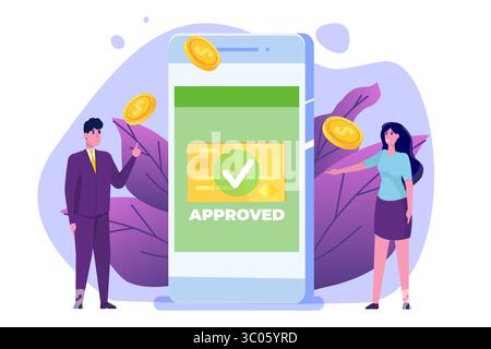 Transazione approvata, transazioni finanziarie, pagamento non in contanti, valuta monetaria, concetto NFC di pagamento. Illustrazione vettoriale. Illustrazione Vettoriale