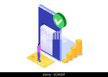 Transazione approvata, transazioni finanziarie, pagamento non in contanti, valuta monetaria, concetto isometrico NFC di pagamento. Illustrazione vettoriale. Illustrazione Vettoriale