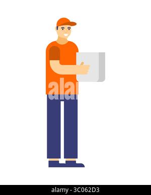 Corriere in uniforme arancione che contiene un imballaggio. Concetto di consegna rapida, logistica, shopping online e servizio di consegna rapida. Illustrazione Vettoriale