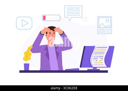 Burnout Concept, con un impiegato stanco seduto a una scrivania. Dipendente frustrato che si occupa di problemi di salute mentale. Illustrazione vettoriale in Illustrazione Vettoriale