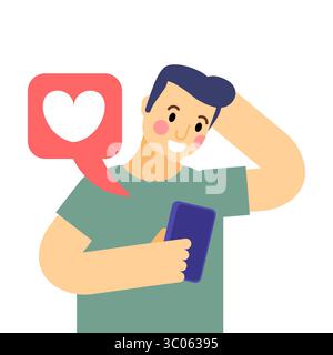 Uomo che guarda il telefono con una notifica di cuore. Simbolo dei mi piace dei social media, delle app per incontri, dell'interazione online e della comunicazione. Illustrazione Vettoriale