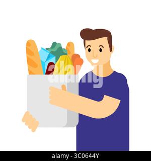 l'uomo tiene in mano una borsa della spesa piena di generi alimentari: pane, latte, verdura e frutta. Rappresenta lo shopping, la consegna di cibo o le abitudini quotidiane dei consumatori. SIM Illustrazione Vettoriale