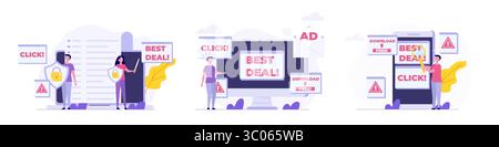 Attacco di adware, spam, concetto di pubblicità su Internet. Illustrazione vettoriale Illustrazione Vettoriale