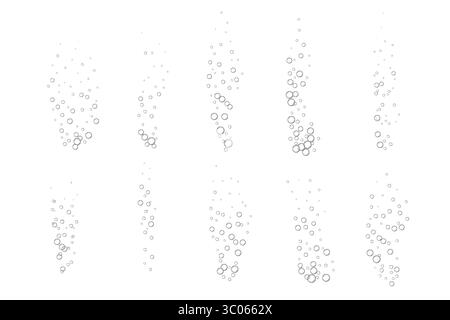 Bolle d'acqua effervescenti su sfondo bianco. Scintille frizzanti. Insieme di vettori isolati. Illustrazione Vettoriale