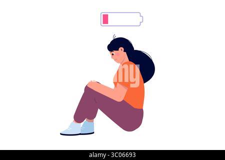 Una giovane donna che soffre di problemi di salute mentale è seduta sul pavimento. È circondata da sintomi di depressione: Ansia, crisi, lacrime, stanchezza Illustrazione Vettoriale