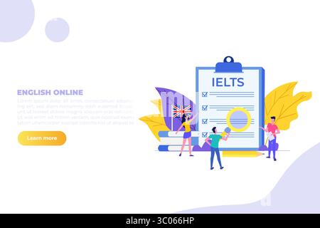 English Proficiency test ed esame. IELTS International English Language Testing System. Illustrazione vettoriale. Illustrazione Vettoriale