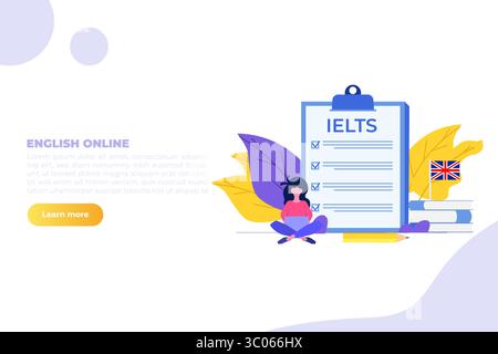 English Proficiency test ed esame. IELTS International English Language Testing System. Illustrazione vettoriale. Illustrazione Vettoriale