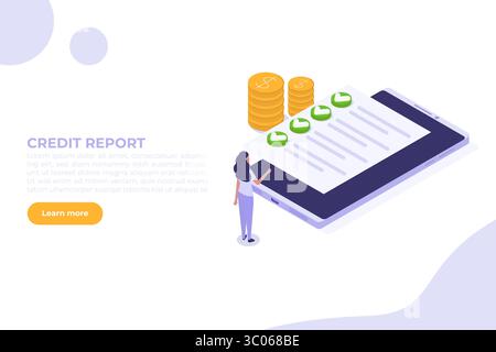 Fattura di credito approvata Isometrica, concetto di pagamento approvato. Illustrazione vettoriale. Illustrazione Vettoriale