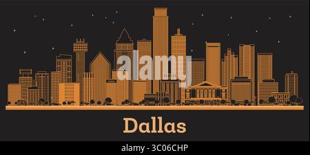 Delinea lo skyline di Dallas Texas City con gli edifici arancioni. Illustrazione vettoriale. Viaggi d'affari e concetto con architettura moderna. Dallas, USA Citysca Illustrazione Vettoriale