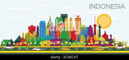 Skyline delle città dell'Indonesia con edifici colorati e cielo blu. Illustrazione vettoriale. Concetto turistico con architettura storica. Paesaggio urbano indonesiano con Illustrazione Vettoriale