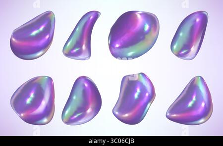 Forme astratte di liquido iridescente olografico isolate su sfondo chiaro. Lobi colorati a gradiente fluido con lucentezza metallizzata lucida. Elementi di design futuristici. Scintillanti gocce di vernice 3D. Illustrazione Vettoriale