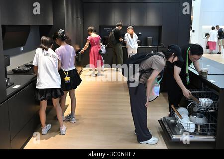 Le persone vengono a conoscenza dei prodotti presso lo stand di Panasonic. Pechino, Cina. 19 luglio 2025. La terza China International Supply Chain Expo apre al pubblico a Pechino, 19 luglio 2025. Crediti: Zhao Wenyu/China News Service/Alamy Live News Foto Stock