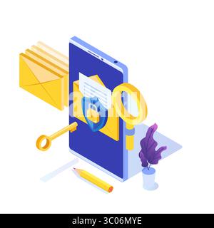 Protezione dei dati informatici, crittografia e-mail concetto isometrico. Illustrazione vettoriale. Illustrazione Vettoriale