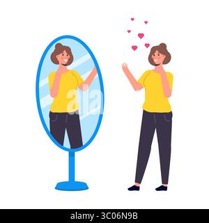 Una donna in piedi di fronte a uno specchio, che guarda il proprio riflesso, incarna l'idea di auto-amore. Il concetto di egoismo si riflette in questo vettore Illustrazione Vettoriale