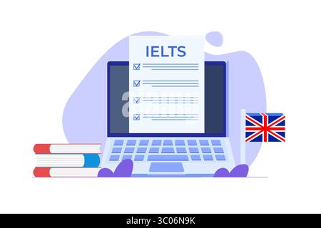 English Proficiency test ed esame. IELTS International English Language Testing System. Illustrazione vettoriale. Illustrazione Vettoriale