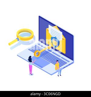 Protezione dei dati informatici, crittografia e-mail concetto isometrico. Illustrazione vettoriale. Illustrazione Vettoriale
