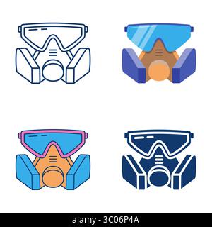 Maschera respiratoria e occhiali di sicurezza set di icone piatte e lineari. Dispositivi di protezione, protezione delle vie respiratorie. Illustrazione vettoriale Illustrazione Vettoriale