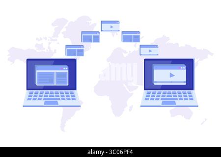 Concetto di trasferimento di file su notebook. Potrebbe rappresentare la sincronizzazione. Illustrazione vettoriale Illustrazione Vettoriale