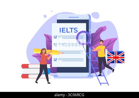 English Proficiency test ed esame. IELTS International English Language Testing System. Illustrazione vettoriale. Illustrazione Vettoriale