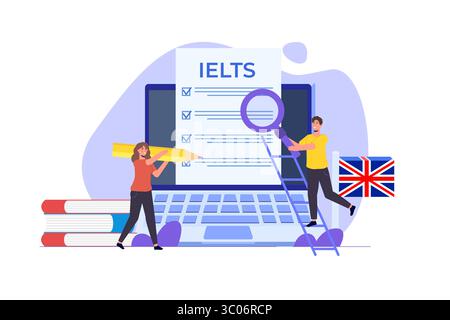 English Proficiency test ed esame. IELTS International English Language Testing System. Illustrazione vettoriale. Illustrazione Vettoriale