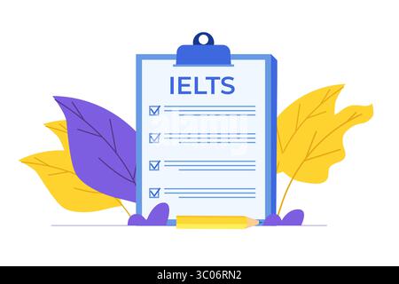 English Proficiency test ed esame. IELTS International English Language Testing System. Illustrazione vettoriale. Illustrazione Vettoriale