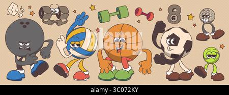 Personaggi dei cartoni animati della palla sportiva: Bowling, flessione muscolare, pallavolo, pallacanestro, allenamento di calcio. Mascotte sportive retrò con manubri, kettlebell per adesivi fitness. Illustrazione Vettoriale
