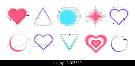 Forme geometriche dei bordi con effetti colorati di aura sfocata - cuore rosa, triangolo viola, cerchio blu e stella con sfumature morbide e contorni scintillanti per una decorazione trendy delle cornici y2k. Illustrazione Vettoriale