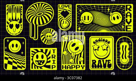 Collezione di adesivi elettrici gialli rave sulla griglia: Cuore occhi viso, tunnel a spirale e ondulato, stemma a scacchi, emoticon di fusione felice viaggio acido, elementi di cultura techno wireframe per il design streetwear Illustrazione Vettoriale