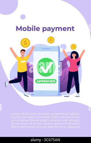 Transazione approvata, transazioni finanziarie, pagamento non in contanti, valuta monetaria, concetto NFC di pagamento. Illustrazione vettoriale. Illustrazione Vettoriale