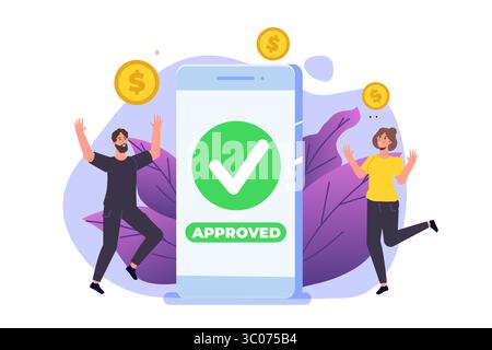 Transazione approvata, transazioni finanziarie, pagamento non in contanti, valuta monetaria, concetto NFC di pagamento. Illustrazione. Illustrazione Vettoriale