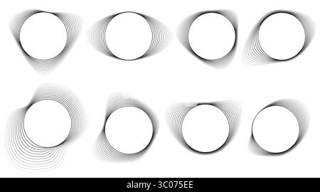 Collezione di elementi grafici circolari deformati. Forme astratte minimaliste dei contorni per poster, loghi e interfacce digitali. Forme nere astratte adatte a concetti tecnologici, di branding e di design. Cornice cerchio astratto. Forma geometrica asimmetrica. Contorno della linea ondulata. Design tecnologico moderno. Bordo vettore organico. Illustrazione Vettoriale