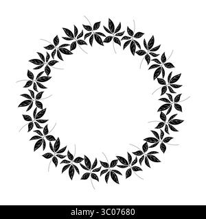 Corona vettoriale rotonda isolata composta da foglie astratte di colore nero con venature bianche, realizzata in uno stile moderno e minimal su fondo bianco Illustrazione Vettoriale