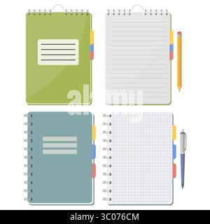 Collezione piatta di notebook con rilegatura a spirale, pagine aperte e accessori. Perfetto per modelli, pianificatori e progetti. Notebook con linguette e matita. Pagine a griglia e a righe. Collezione di blocchi note a spirale. Illustrazione Vettoriale