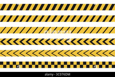 Set di vari nastri di avvertenza gialli e neri con strisce, chevron e motivi a scacchi. Ideale per la costruzione, la segnaletica di avvertenza o la progettazione di sicurezza. Attenzione vettore nastro. Sfondo della striscia di avvertenza. Design del bordo di pericolo. Illustrazione Vettoriale