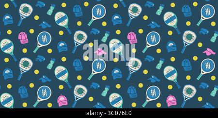 Pattern senza cuciture di ping-palla. Racchette sportive, palle e visiere sfondo senza fine. L'attrezzatura da gioco a pale ripete l'ornamento del coperchio. Ripetizione di superficie de Illustrazione Vettoriale