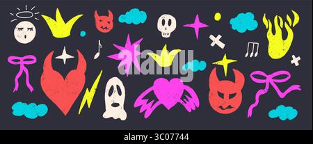 Stravagante set di scarabocchi di gesso al neon. Sfondo pastello di cera per diavolo e angeli. Gli scarabocchi amano gli elementi grunge. Cuori, archi, nuvole e forme di schizzo. Vettore n Illustrazione Vettoriale